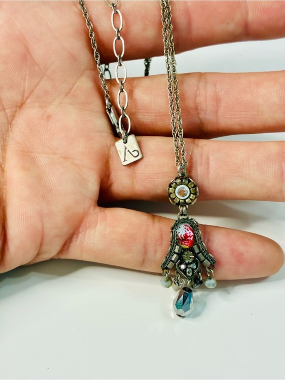 Antique-Style Silver Pendant Necklace with Red and Blue Accents Minimalist EUC